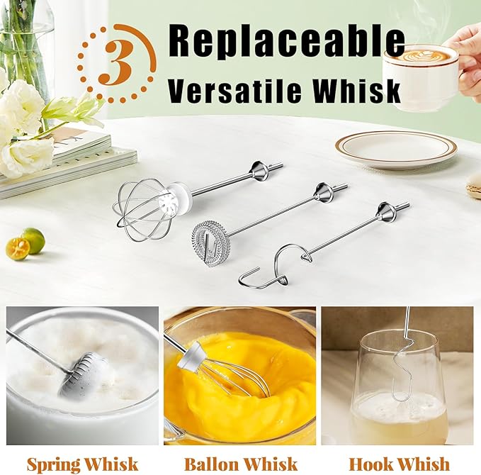 Nahida Granite Green Milk Frother Wand for Coffee, Frother Handheld Rechargeable Electric Whisk with 3 Heads 3 Speeds Drink Mixer Coffee Frother Foam Maker For Latte, Cappuccino, Hot Chocolate, Egg