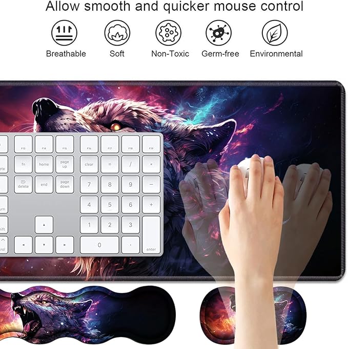 4 in 1 Ergonomic Keyboard Wrist Rest & Mouse Pad Wrist Rest Set, Large XXL Gaming Desk Mat 31.5"x 11.8" with Non-Slip Base, Memory Foam for Home Office Study Gaming, Wolf Howling