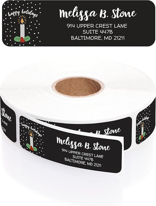 Holiday Candle Rolled Address Labels/Roll of 250 Personalized Return Address Labels/Designer Return Address Stickers in Elegant Plastic Dispenser