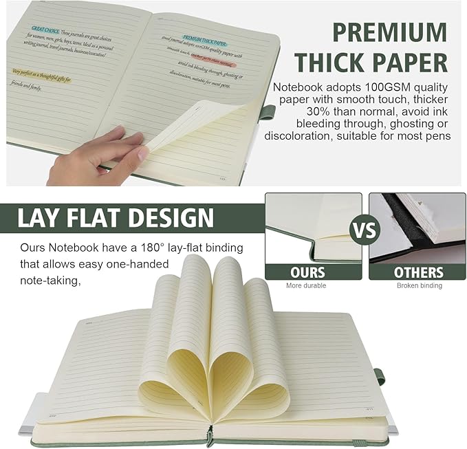 Lined Journal Notebook, 360 Numbered Pages(With page number), Thick Journal for Writing B5 College Ruled Notebook, 100gsm Lined Paper, Leather Hardcover, 9.8'' X 6.9''-Morandi Green