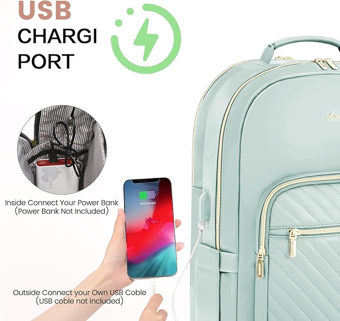 LOVEVOOK Leather Backpack for Women,15.6 inch Leather Laptop Backpack Women Computer Backpack Laptop Bag,Stylish Quilted Travel Backpack Purse Work College Teacher Backpack with USB Port,Powder Blue