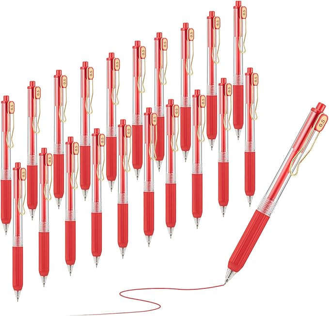 Aozora 20 Pack Red Gel Pens Fine Point Smooth Writing Pens Retractable Red Ink Pen with Soft Grip 0.5mm Quick Dry Office School Supplies Gold Clip