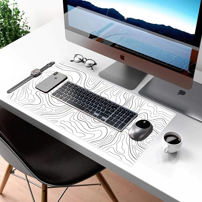 Large Gaming Mouse Pad Extended XXL Mouse Mat Long Desk Pad with Stitched Edges for Keyboard Home Office Gaming Work Big Desk Pad (35.4x15.7x0.12IN, 90x40),White Topographic