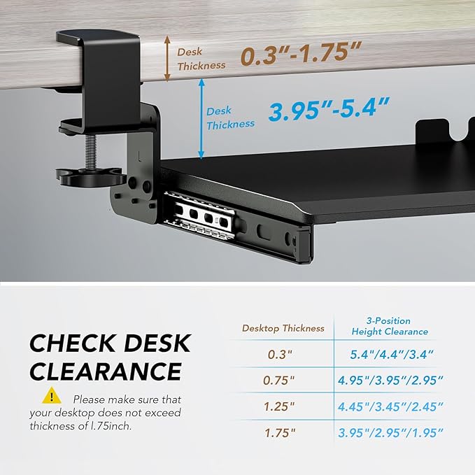 AX WABER Keyboard Tray Under Desk Pull Out with Extra Sturdy Adjustable C Clamp Mount System, 27.3 (32.5 inch Including Clamps) x 11 Inch Slide-Out Platform Computer Drawer for Typing, Black,AX01WB01