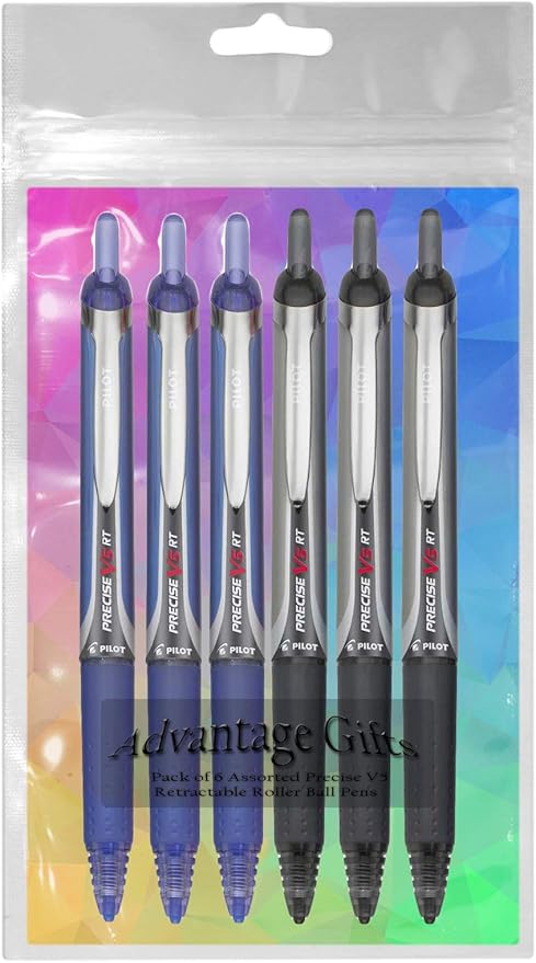 Precise V5 RT Retractable Rolling Ball Pens, Extra Fine Point (.5mm), Assorted Colors Black/Blue Ink, 6-pk; Premium Comfort Grip, Bundle with Plastic Reusable Pouch