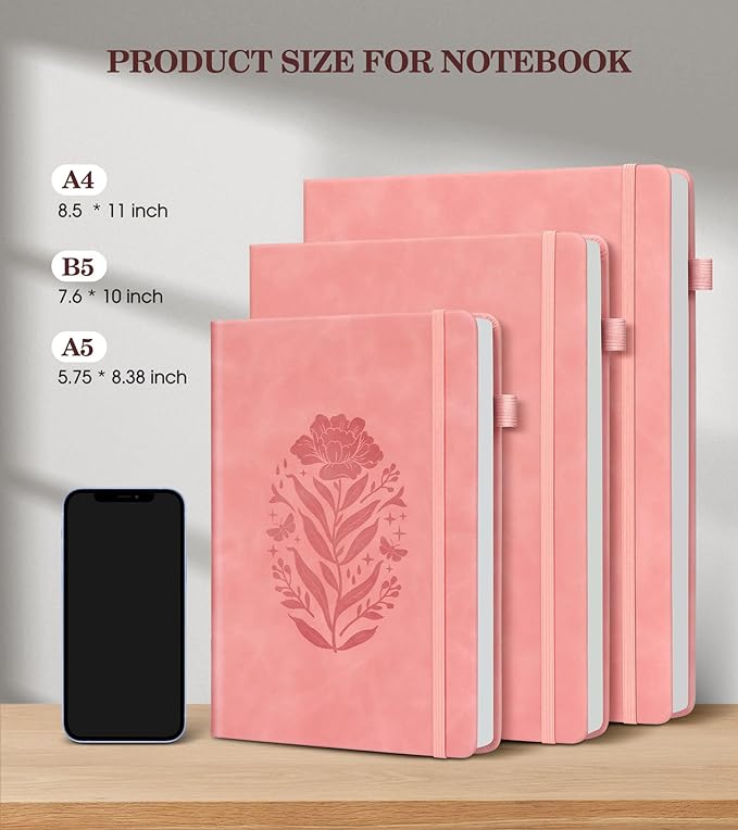 Lined Journal Notebook for Women, Hardcover Leather Journaling Notebooks, Pink B5 200 Pages Large Journals for Writing, College Ruled Notebook for Work School, Note Taking, Business Diary 7.6'' X 10''