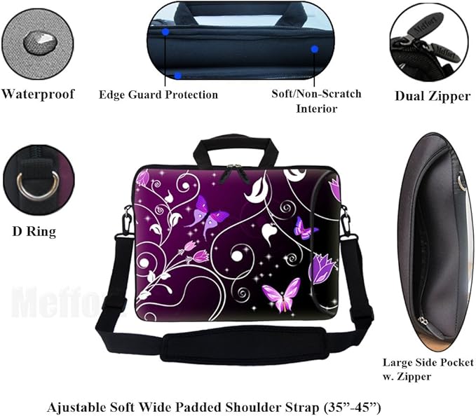 Meffort Inc® 17 17.3 Inch Laptop Carrying Sleeve Bag Case with Extra Side Pocket, Soft Carrying Handle and Removable Shoulder Strap/Notebook Bag Case - Purple Swirl Butterfly Flower