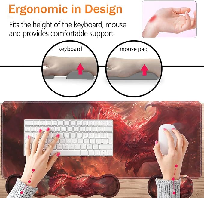 Large XXL Gaming Desk Mat 31.5"x 11.8", Ergonomic Keyboard Wrist Rest & Mouse Pad Wrist Rest + Coaster Set, Non-Slip Base, Memory Foam, Office and Home, Red Dragon