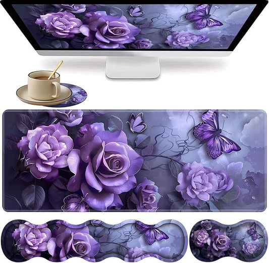 Large XXL Gaming Desk Mat 31.5"x 11.8", Ergonomic Keyboard Wrist Rest & Mouse Pad Wrist Rest + Coaster Set, Non-Slip Base, Memory Foam, Office and Home, Purple Rose