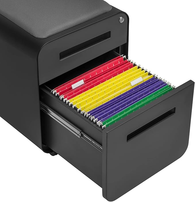 Laura Davidson Furniture STOCKPILE Mini Seated 2 Drawer Mobile File Cabinet with Removable Magnetic Cushion Seat - Short Version, Metal Filing Cabinet, Pre-Assembled, Black with Grey Cushion