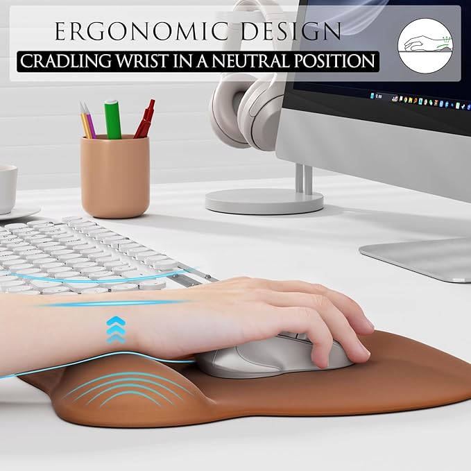 MROCO Ergonomic Mouse Pad with Gel Wrist Rest, Comfortable Mousepad with Smooth Wrist Support Surface and Non-Slip PU Base for Pain Relief, Computer, Laptop, Office & Home, 9.4 x 8.1 in, Coffee Brown