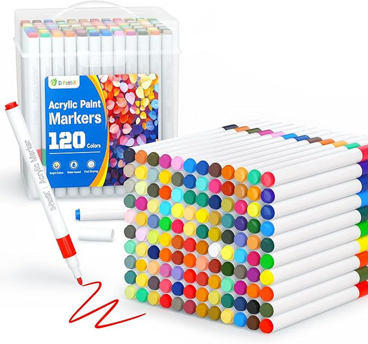 D-FantiX 120 Colors Acrylic Paint Markers for Kids Adults, Fine Tip Acrylic Paint Pens for Wood, Fabric, Glass, Canvas, Ceramic, Plastic, Rocks, Eggs, Shoe, DIY Arts and Crafts Scrapbook Supplies
