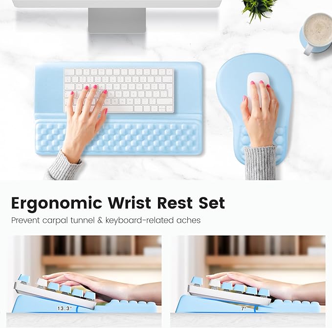 Ospelelf Ergonomic Mouse Pad and Keyboard Stand Wrist Rest Set, Memory Foam Comfort, Pain Relief for Typing, Office Desk Accessories,Blue