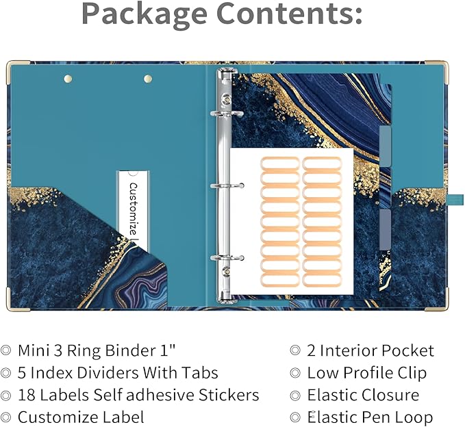 Ospelelf Mini 3-Ring Binder, 1 Inch, Cute Blue Marble Binder for 5.5" x 8.5", with 5 Tab Dividers, File Folder Labels and Low-Profile Clipboards, School and Office Supplies