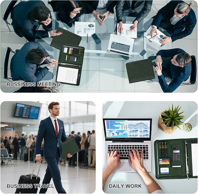 Leathario Portfolio Binder, 3-Ring Folder Organizer, Includes 5 Sheet Protectors and a Pen, Vegan Leather A4 Padfolio for Tablets, Business Conferences Professional Document Organizer, Office Supplies