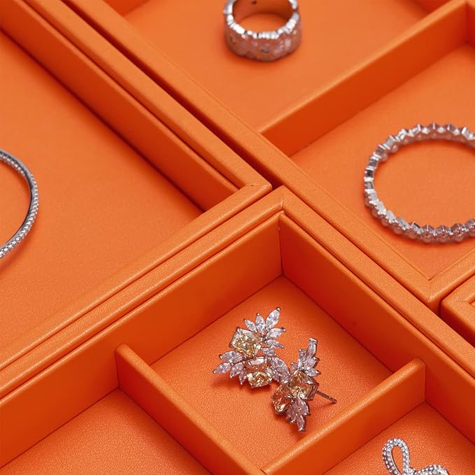 Oirlv Luxury Orange Leather Jewelry Tray Stackable Flat Jewelry Drawer Organizer Earrings Rings Bracelets Storage