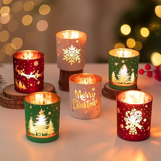 Hewory Christmas Votive Candle Holders: Christmas Tea Light Candle Holder Set of 6, Cylinder Glass Candle Holders Centerpiece Christmas Decorations Indoor Home Decor for Table Fireplace Holiday Party