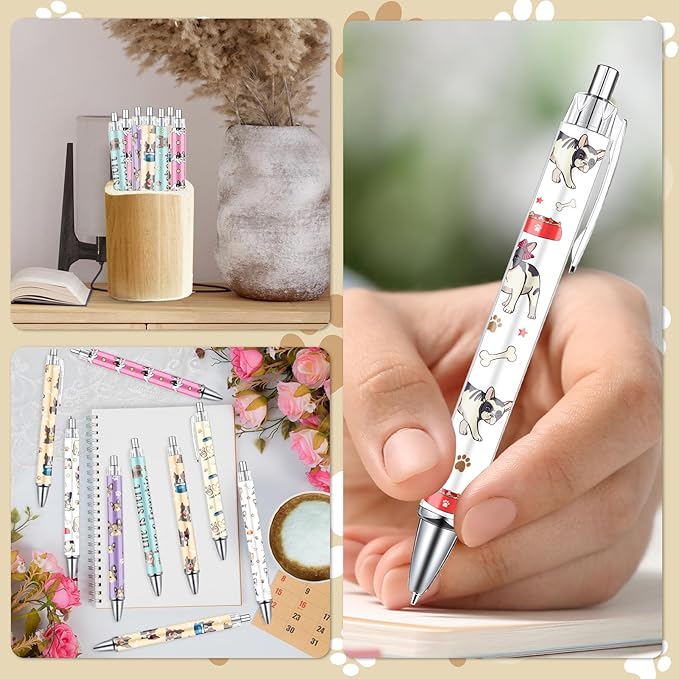 French Bulldog Ballpoint Pens - 24Pcs Cartoon Dog Pen Set Frenchie Animal Retractable Smooth Writing Ballpoint Pen Gift for Women Men Dog Lovers Teen Office Teacher Students Party Supplies