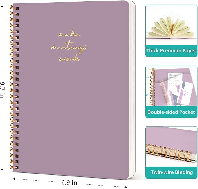 Meeting Notebook for Work Organization - Work notebook with action items, Meeting Minutes Planner Notebook, Perfect Office Supplies for Men & Women - Purple