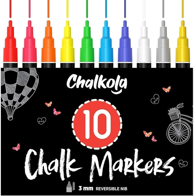 Liquid Chalk Markers (10 Pack) with Gold & Silver - Fine Tip Dry Erase Marker Pens for Blackboard, Windows, Chalkboard Signs, Bistro - 3mm Reversible Tip