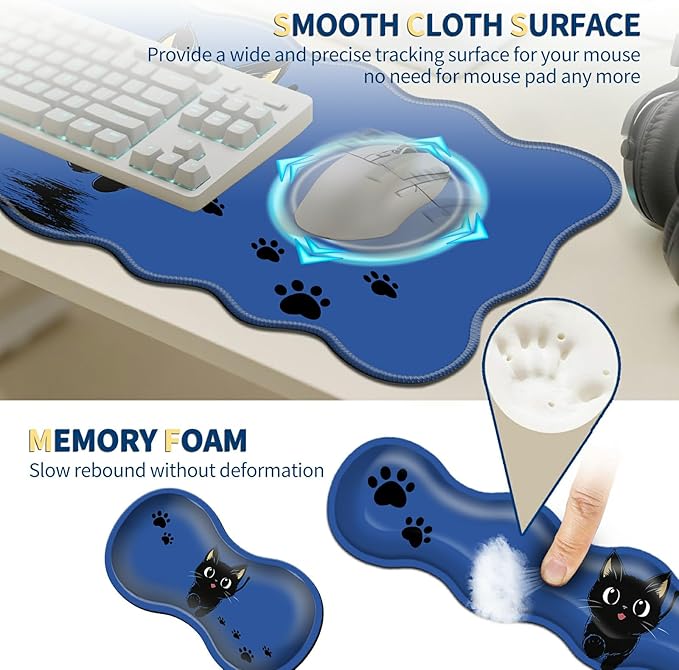 4-Piece XXL Gaming Mouse Pad Set (31.5"x11.8") with Keyboard Wrist Rest,Mouse Wrist Support & Coaster,Ergonomic Non-Slip Desk Mat for Office & Home,Cute Black Cat