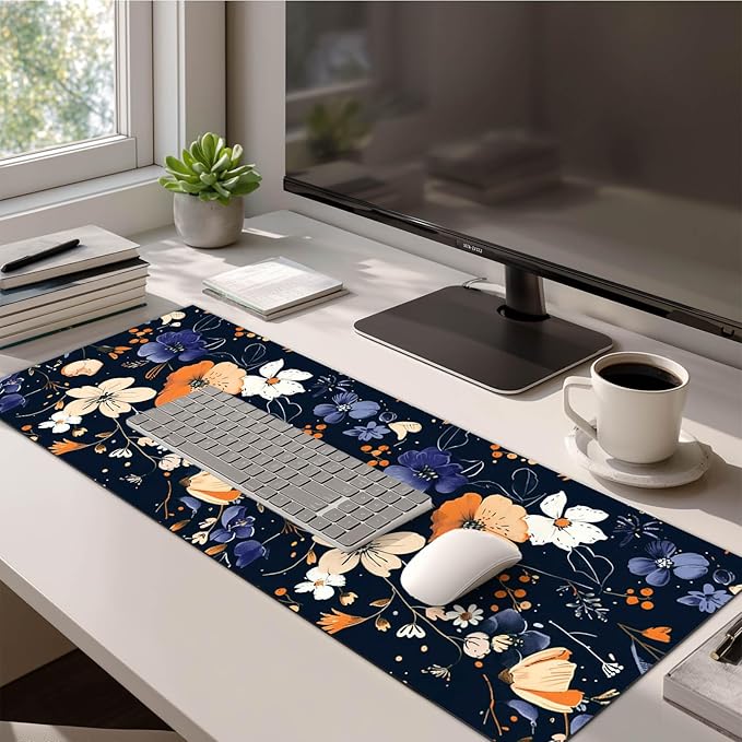 Large Mouse Pad 31.5 x 11.8 Inch Dark Floral Desk Mat Extended Keyboard Mousepad Non Slip Waterproof Desk Pad with Orange White Purple Flowers for Home Office Gaming