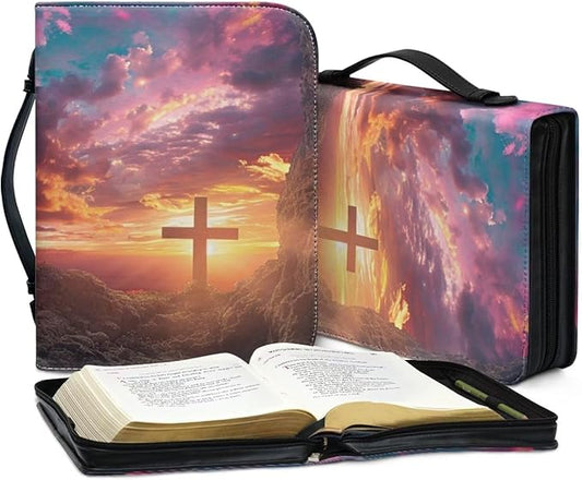 Lotusorchid Bible Book Cover for Women, Cross Print Bible Cover Case Sturdy Zippered Bible Carrying Case with Handle Pocket Portable Bible Bag for Bible Study, Pink, L