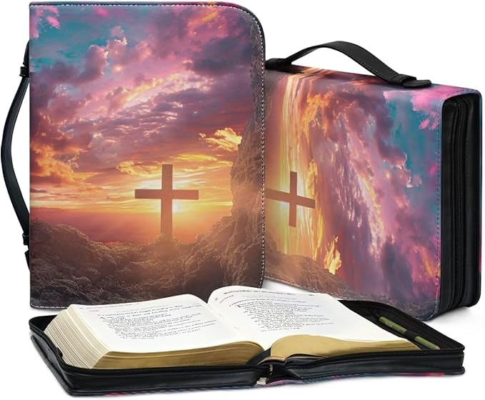 Lotusorchid Bible Book Cover for Women, Cross Print Bible Cover Case Sturdy Zippered Bible Carrying Case with Handle Pocket Portable Bible Bag for Bible Study, Pink, M
