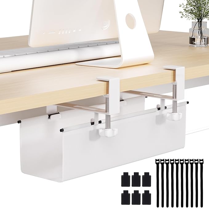 Under Desk Cable Management Tray 15.7" - No Drill Computer Wire Organizer Cable Tray, Cord Hider Clamp Mount with 16X Cable Ties PC Cables Management Cord Holder for Office/Home (Upgrade Fabric,White)