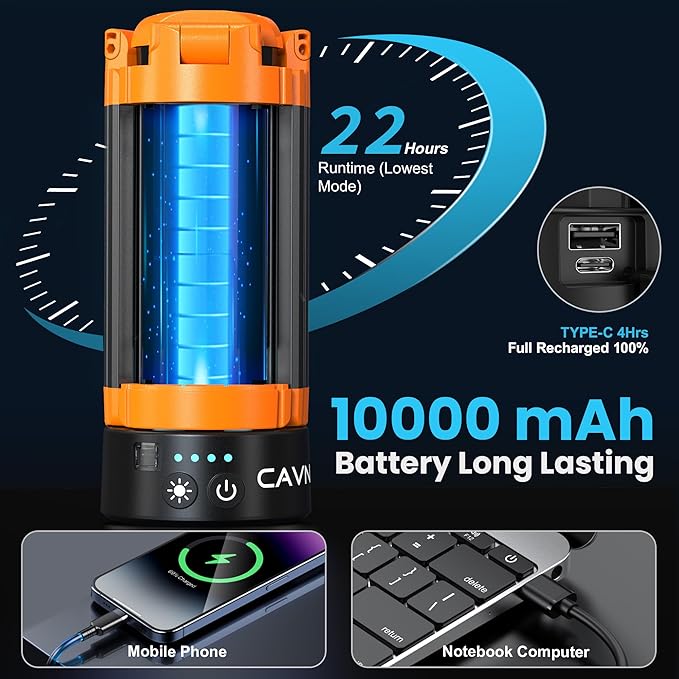 CAVN Rechargeable Camping Lights with Remote & Detachable Tripod Max Height 6.7 ft, Portable Work Light with 3 LED Lamp Heads, Camping Essentials Gear Emergency Flashlight with Hook, Orange