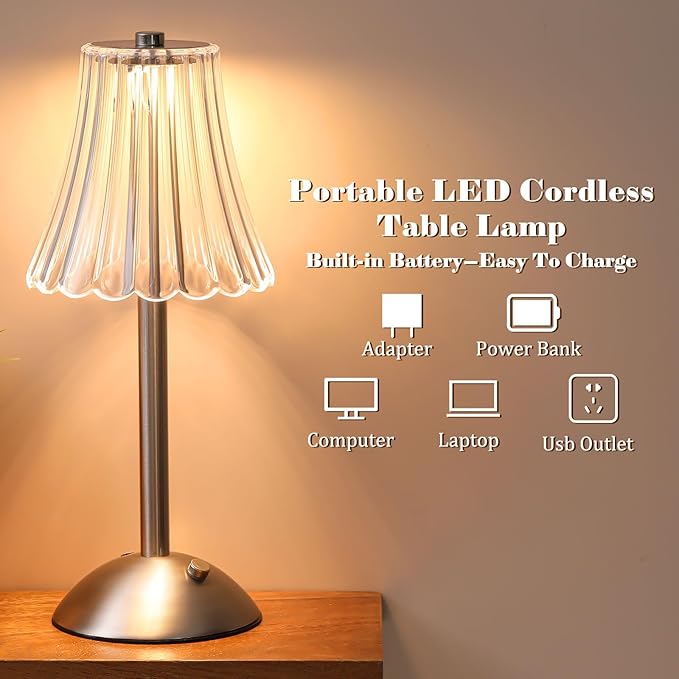 Liliful 2 Pcs LED Portable Cordless Table Lamp Touch Battery Operated Rechargeable Gold Desk Lamp 3 Color Dimmable for Bedroom Living Room Dining (Silver,Rose Style)