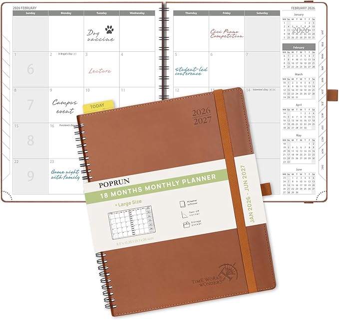 POPRUN Monthly Planner 2026-2027 (Large 8.5" x 10.5") 18 Months Calendar (Jan 2026 - Jun 2027) - 4 Pages per Month with Expense & Notes, Stair-like tabs, Leather Cover, Sunday Starts - Brown
