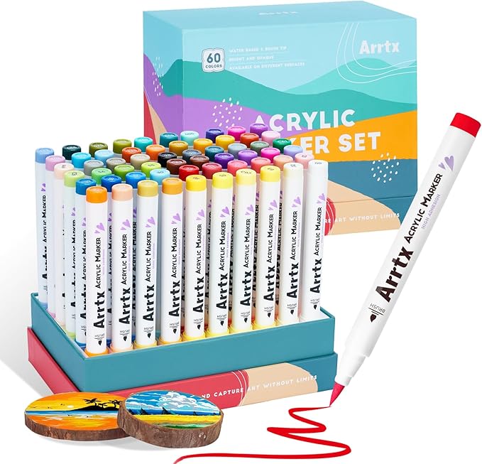 Arrtx 60 Colors Acrylic Paint Pens, Paint Markers Pens, for Artists Adults Coloring Drawing Scenery Landscape Natural- Brush Tip for Rock Painting, Wood, Canvas, DIY Crafts Making Art Supplies-60C