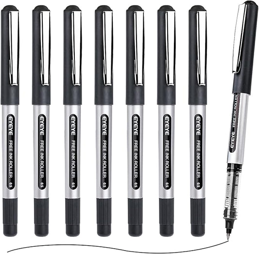 EYEYE Rollerball Pens Black 0.5mm, 8 Pack Extra Fine Point Quick Dry, Liquid Ink Pens Fine Point Smooth Writing Pen for Journaling, Note Taking, Office, School Supplies
