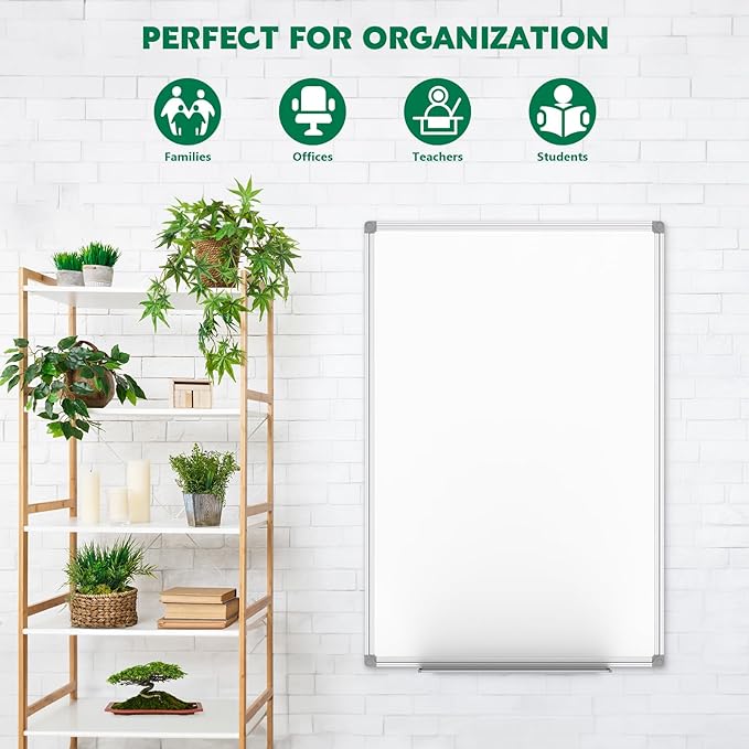 Lockways White Board Dry Erase Board 48 x 36 Inch, Magnetic Whiteboard 4 x 3, Silver Aluminium Frame, Set Including 1 Detachable Aluminum Marker Tray, 3 Dry Erase Markers, 8 Magnets