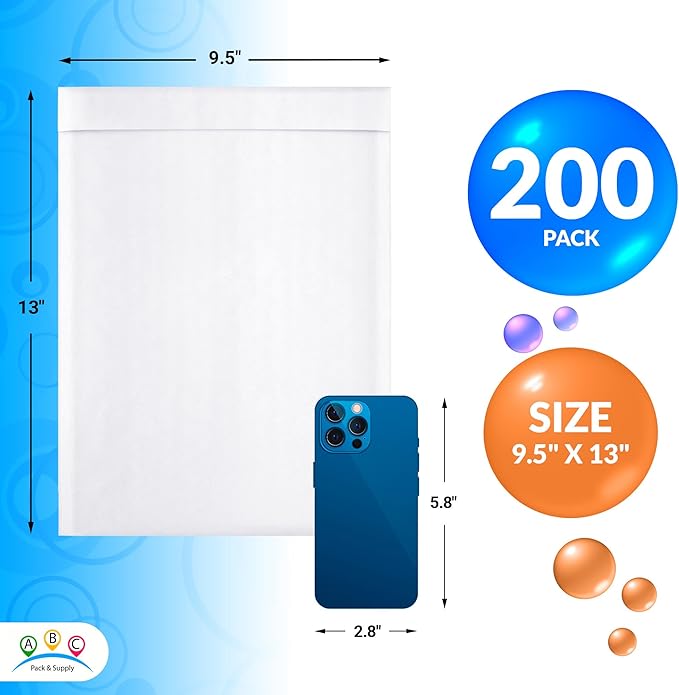 ABC PACK & SUPPLY White Kraft Bubble Mailer Envelopes, 9.5 x 13 Inches. 200 Pack Mail Padded Envelopes Self Seal. Kraft Bubble Mailers. Tear-Resistant Mailing Envelope Padded. Sturdy Paper Mailer