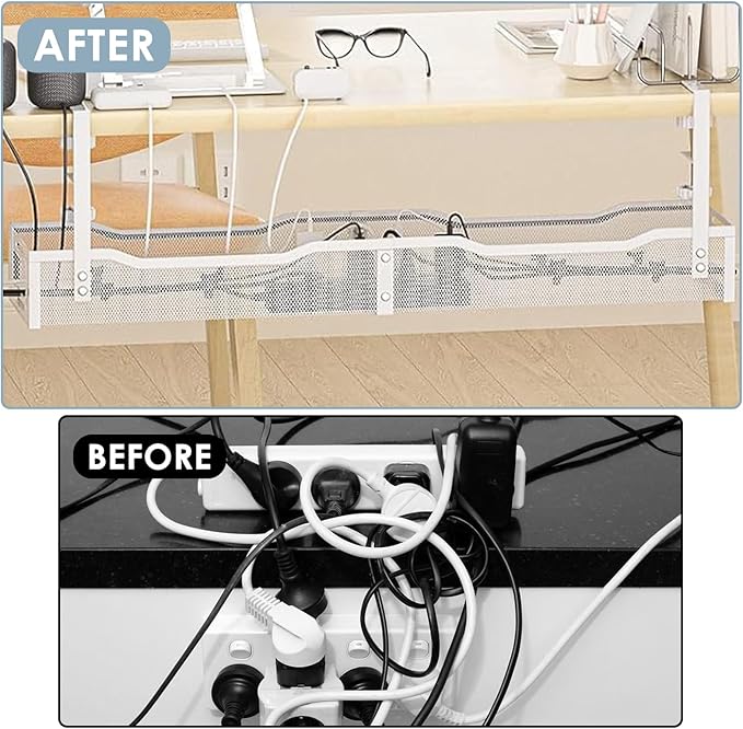 Cable Management, 25'' Cable Management Under Desk No Drill, Metal Cord Organizer with Clamp for Standing Desk, Cable Organizer for Home Office, White