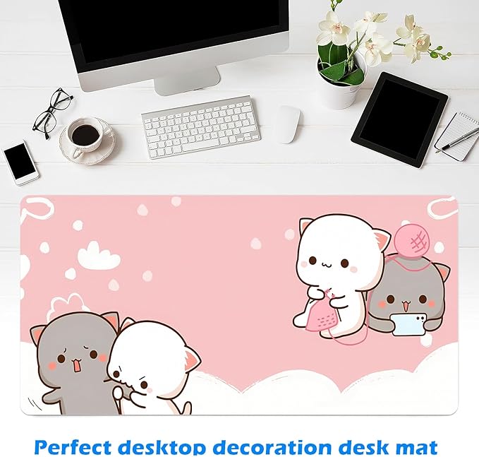 MAYCARI Cute Desk Mat Kawaii Mousepad, Anime Aesthetics Desk Pad XXL Cute Pink Cats Mouse Pad Computer Keyboard Mat, Office Desk Pad Protector 31.5"X15.7"