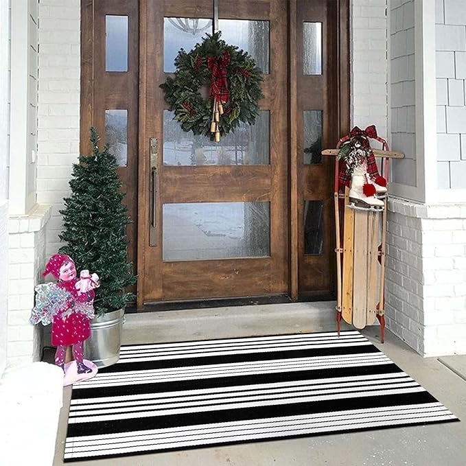 OJIA Black & White Outdoor Rug 3x5 Cotton Hand-Woven Christmas Striped Porch Rugs Machine Washable Entry Rug Indoor Outdoor Area Rug Front Door Rug Floor Mat for Farmhouse/Living Room/Home Entrance
