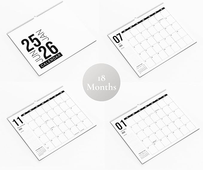 Makaplan Black & White Horizontal Coil Wall Calendar 2025-18 Month Calendar January 2025 to June 2026, 11x13.5 Inches Sleek Black & White Design with Spiral Twin-Wire Binding