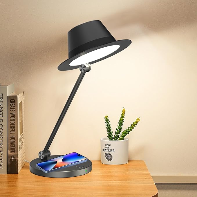 Modern Design Atmosphere Desk Lamp with 15W Wireless Charger,Dimmable Desk Light Eye Caring for Home Office, 3 Color Temperature Touch Control for Study, Reading