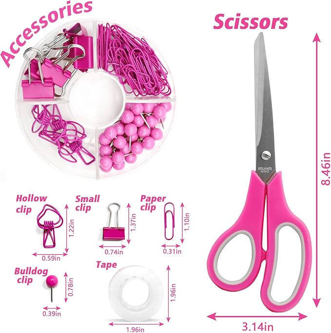 Hot Pink Office Supplies, UPIHO Hot Pink Desk Accessories, Stapler and Tape Dispenser Set for Women with Stapler, Tape Dispenser, Staple Remover, Staples, Clips, Scissor and Sticky Notes for Students