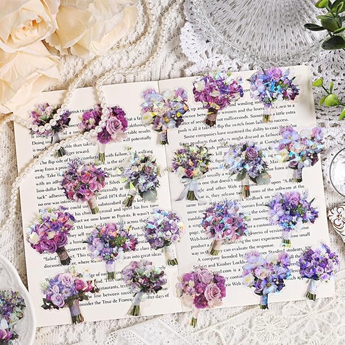 MAFELOE 30 Pieces PET Scrapbook Stickers of Bouquets Theme, Aesthetic Deco Supplies for Junk Bullet Journaling Card Making Daily Planner-Purple (D-Y4-AYSQ)