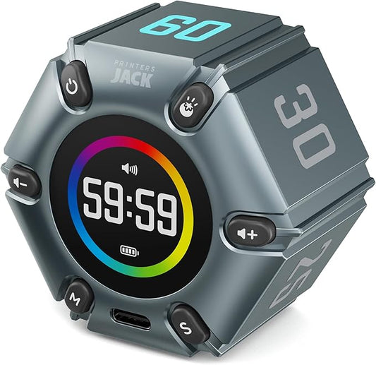 Printers Jack Timer, Visual Pomodoro Timer, Productivity Cube Mute & Vibration & Adjustable Sound Alert, for Office, ADHD, Study, Work, 3/5/10/25/30/60min & Custom Countdown - Iron Gray