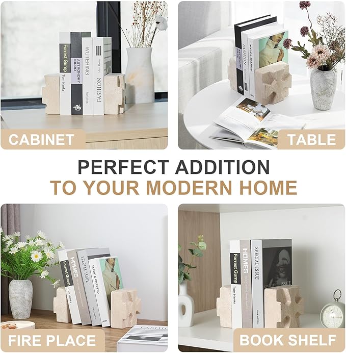 Natural Marble Square Book Ends, Heavy Duty Bookends for Shelves, Non-Skid Stone Book Holders, Unique Modern Aesthetic Office Bookshelf Decor for Books/CDs(Travertino Turkey)