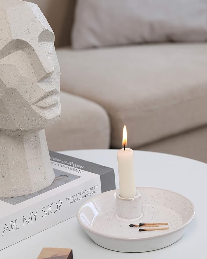 DN DECONATION White Ceramic Candle Holders, Modern Candlestick Holder with Tray, Boho Candle Holder, Unique Round Stoneware Candle Holder for Taper Candles, Halloween Christmas Fall Decor