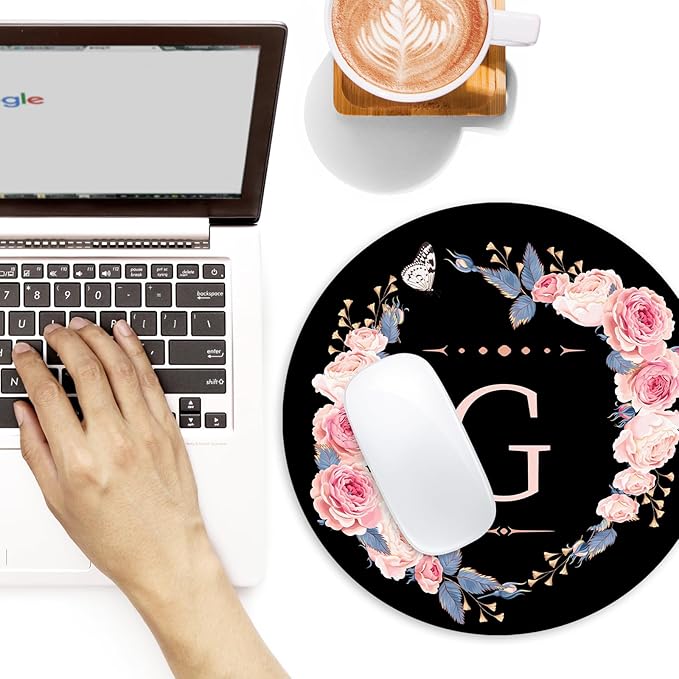 Letter G Black and Pink Flowers Round Mouse Pad, Funny Small Mouse Mat with Non-Slip Rubber Base, Home Office Decor Desk Accessory, 8.7inch Round