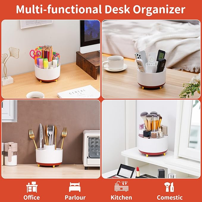 Marbrasse 360-Degree Rotating Pen Holder, Desk Organizer with 5 Compartments, Art Supply Storage Box Caddy for Office, Home (White+Red)