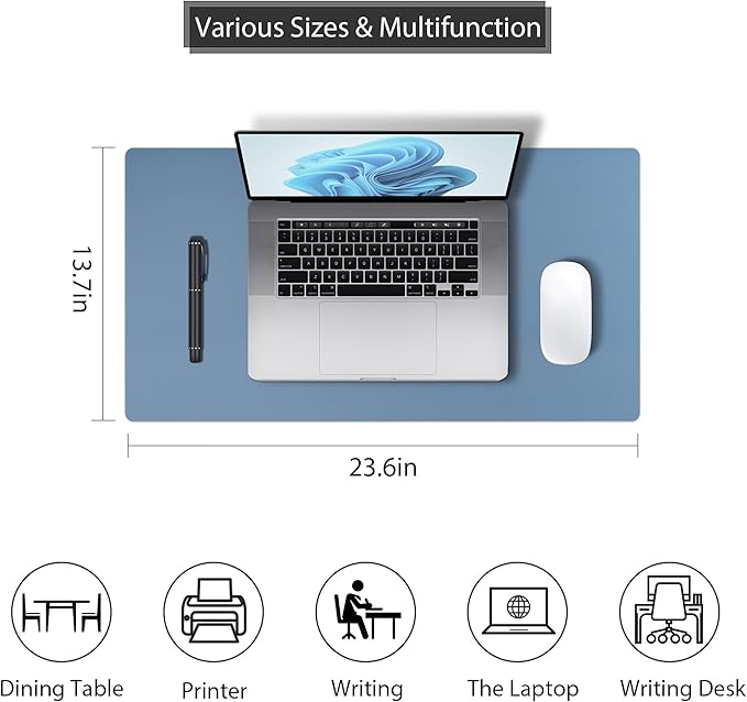 Mouse Pad Large for Desk, PU Leather Desk Pad Protector, Desk Mat Waterproof for Home & Office, Non-Slip Desk Mat for Keyboard and Mouse, Desk Blotter Pad for Desktop, Denim Blue (13.7''X23.6'')