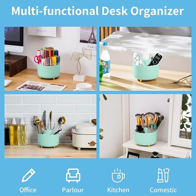 Marbrasse Desk Organizer, 360-Degree Rotating Pen Holder for Desk, Desk Organizers and Accessories with 5 Compartments Pencil Organizer, Art Supply Storage Box Caddy for Office, Home (Mint Green)